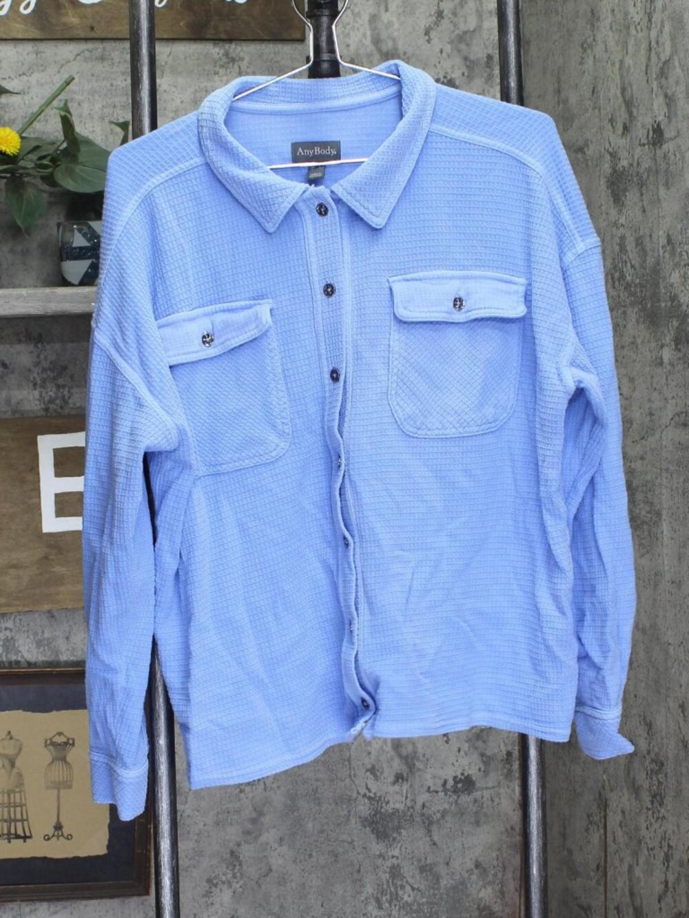 Anybody Womens Button Front Washed Waffle Knit Button Front Top French Blue M